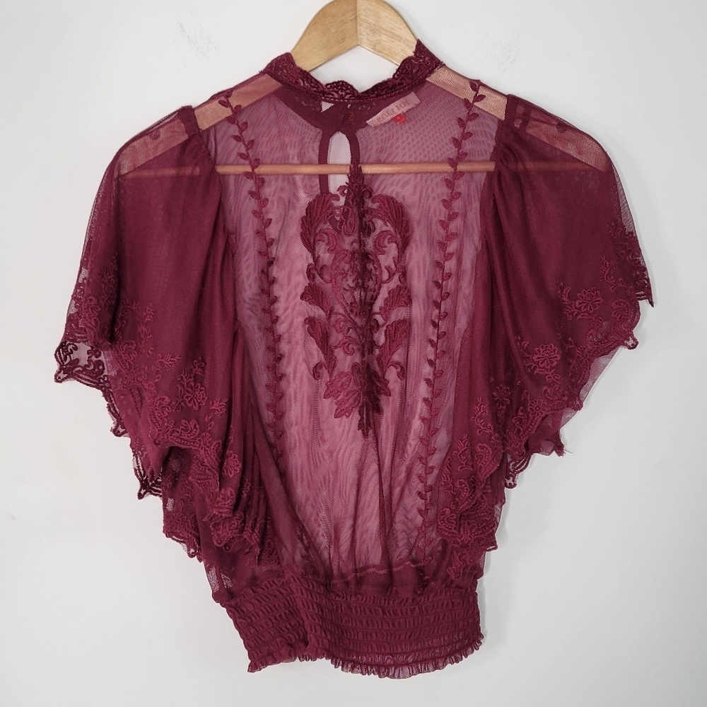 Melle E Pere Chiffon Embroidered Ruffle  Elastic Waist Red crop top size small